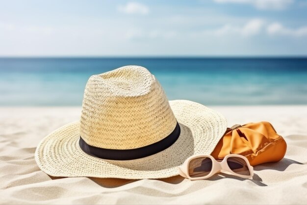 chapéu, bolsa de praia, óculos protetor solar e toalha na praia