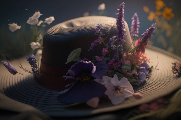 Chapéu com flores silvestres em uma mesa de madeira em uma geração de IA de fundo escuro