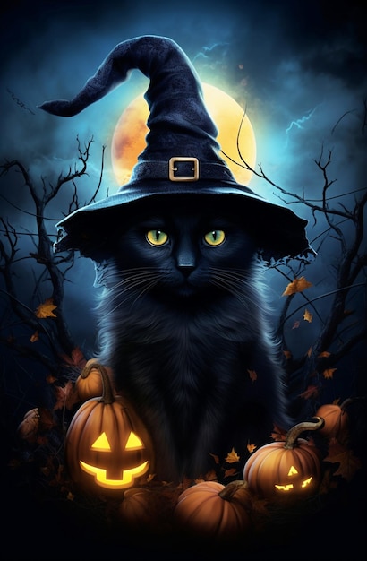 chapéu de bruxa gato preto à noite em lua cheia criaturas fantásticas ilustração de halloween