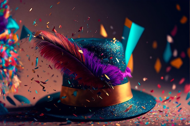 Chapéu de carnaval confete penas coloridas