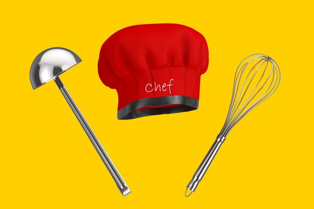 Foto chapéu de chef profissional vermelho com batedor de ovos de fio de cozinha e panela de sopa rendering 3d