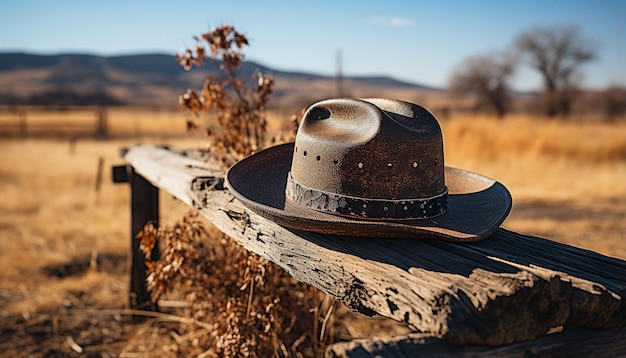 Foto chapéu de cowboy, chapéu de palha, fedora antiquado, paisagem de rancho rústico gerada por ia