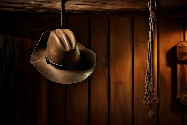 Chapéu de cowboy e corda pendurados na cabine Generative Ai