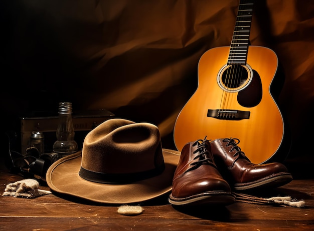 Chapéu de cowboy e guitarra e botas de couro vibrações ocidentais autênticas fundo vintage