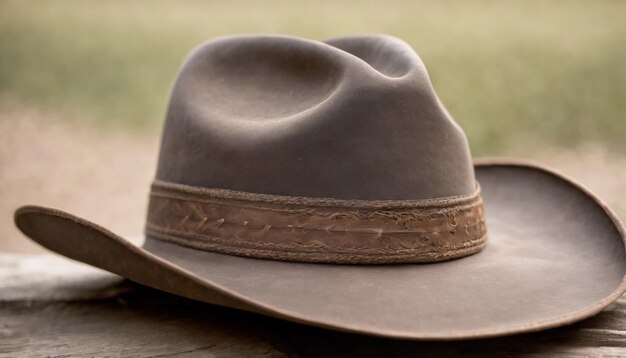 Foto chapéu de cowboy em uma mesa de madeira no campo foco seletivo
