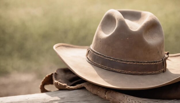 Foto chapéu de cowboy em uma mesa de madeira no campo foco seletivo