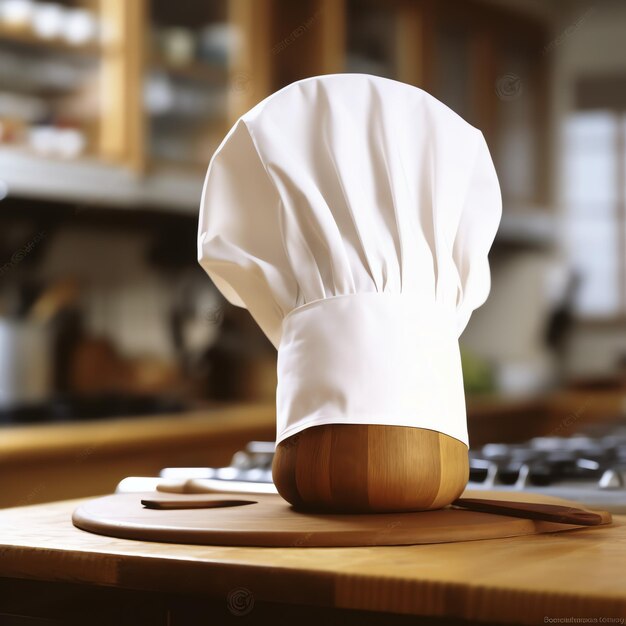 Chapéu de cozinheiro branco na mesa da cozinha e espaço de cópia para sua decoração Fotografia publicitária
