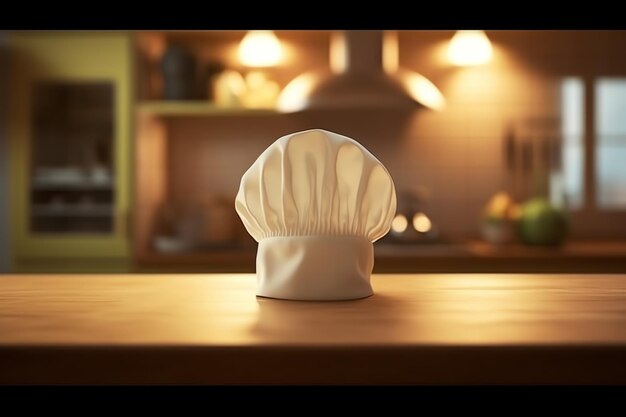 Foto chapéu de cozinheiro branco na mesa da cozinha e espaço de cópia para sua decoração fotografia publicitária