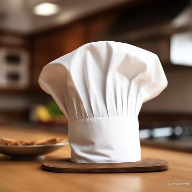 Foto chapéu de cozinheiro branco na mesa da cozinha e espaço de cópia para sua decoração fotografia publicitária