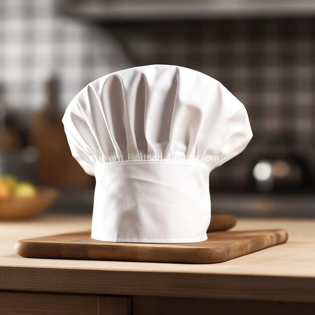 Foto chapéu de cozinheiro branco na mesa da cozinha e espaço de cópia para sua decoração fotografia publicitária