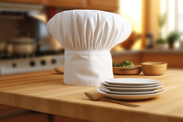 Chapéu de cozinheiro branco na mesa da cozinha e espaço de cópia para sua decoração Fotografia publicitária