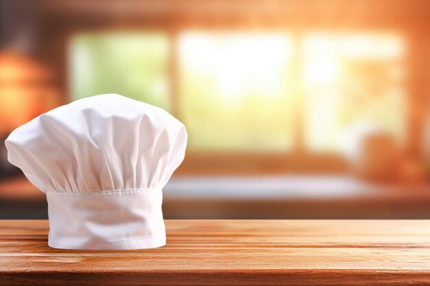 Foto chapéu de cozinheiro em mesa de madeira e fundo desfocado com espaço de cópia