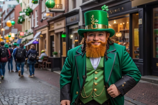 Chapéu de duende de St. Patrick e folhas de trevo em fundo