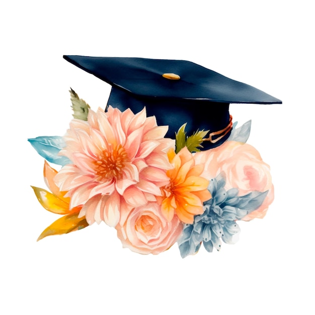 Chapéu de formatura com ilustração generativa de IA em aquarela de flores Formatura de classe isolada