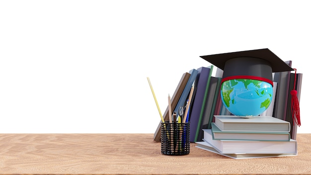 Chapéu de formatura com pilha de livros na mesa de madeira. Renderização 3D