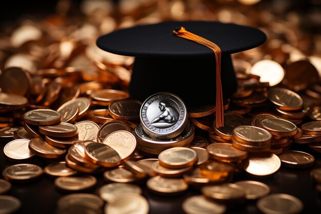 Chapéu de formatura de fundo branco em moedas conceito de financiamento da educação