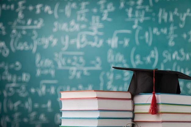 Chapéu de formatura e pilha de livros de estudo