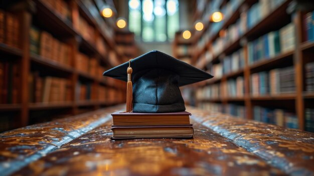 Chapéu de formatura em livros na sala de aula