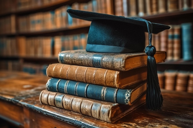 Foto chapéu de formatura em uma pilha de livros contra um fundo desfocado