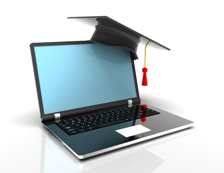 Foto chapéu de formatura no laptop - conceito 3d de e-learning