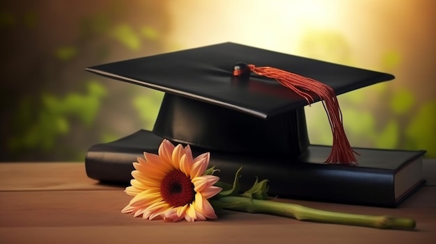 Chapéu de graduação, chapéu de toga de estudante com fundo de flor