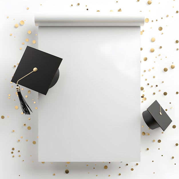 Foto chapéu de graduação e diploma em fundo branco com confete dourado ilustração vetorial