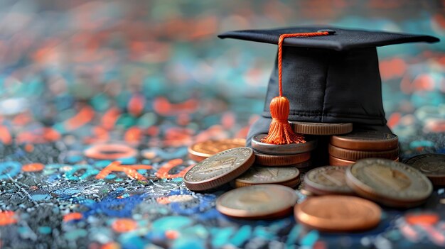 Foto chapéu de graduação em moedas preso conceito de financiamento da educação