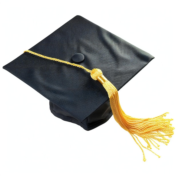 Foto chapéu de graduação preto e tassel dourado sobre fundo branco