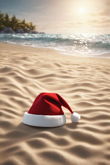 Chapéu de Natal na praia com céu azul e mar ao fundo papel de parede de Natal