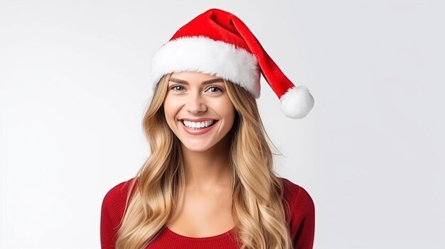 Chapéu de Natal retrato de mulher isolada menina feliz sorridente em fundo branco