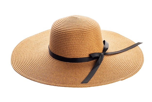 Chapéu de palha amarelo de verão feminino com fita preta em fundo branco