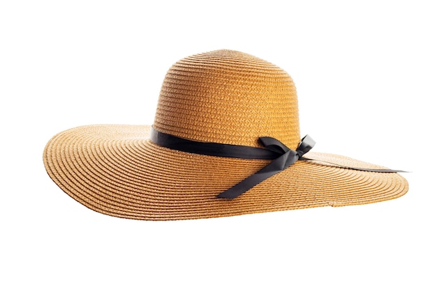 Chapéu de palha amarelo de verão feminino com fita preta em fundo branco
