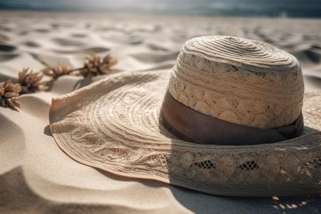 Chapéu de palha de vime na areia da praia. conceito de férias de verão no mar. close-up