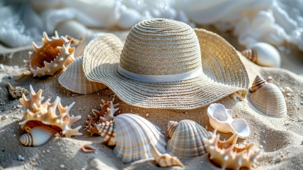 Chapéu de palha e conchas numa praia de areia