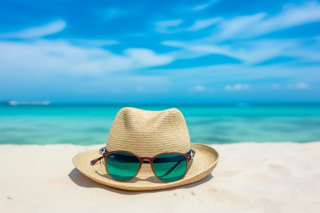 Foto chapéu de palha e óculos de sol deitados em uma praia um conceito de férias relaxantes no caribe perto do oceano