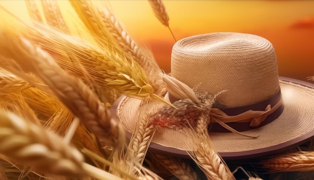 Foto chapéu de palha tradicional de fusão simbólica e espigas de trigo maduras ia generativa