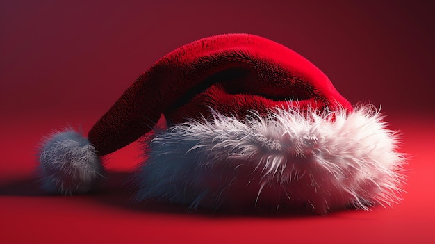 Chapéu de Papai Noel vermelho e branco isolado em fundo vermelho tecido macio e fofinho revestimento de pele Espaço de cópia