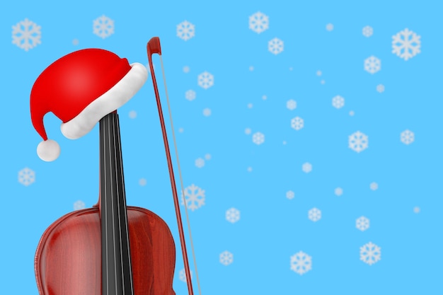 Chapéu de papai noel vermelho sobre clássico violino de madeira com arco sobre um fundo azul com flocos de neve closeup extrema. renderização 3d