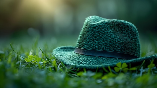 Chapéu de tricô verde na grama com folhas de trevo Tema do Dia de São Patrício