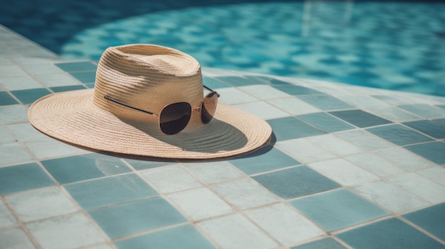 Chapéu de verão e piscina Ilustração AI GenerativexA