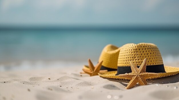 Chapéu de verão óculos de sol estrela do mar em areias brancas com palmeiras águas turquesas com IA generativa
