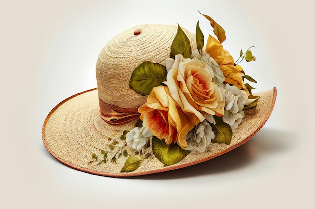 Chapéu de vime de verão com aba larga com flores