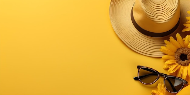 Chapéu e óculos de sol em fundo amarelo com copyspace Generative AI