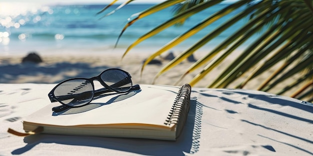 Foto chapéu e óculos de sol na praia de areia viagem de verão férias felizes férias de verão conceito chapéu e mar em