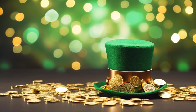 Chapéu e vaso do Dia de São Patrício com moedas de ouro em fundo verde cintilante