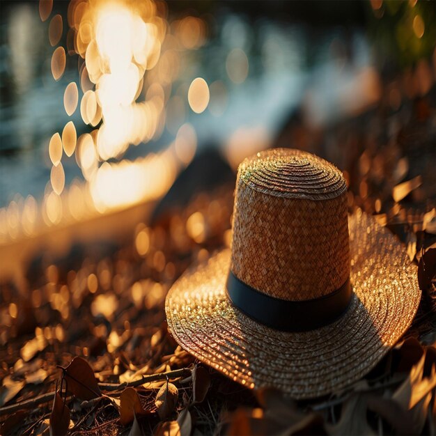 Foto chapéu feminino com lanternas douradas sobre um fundo de bokeh dourado