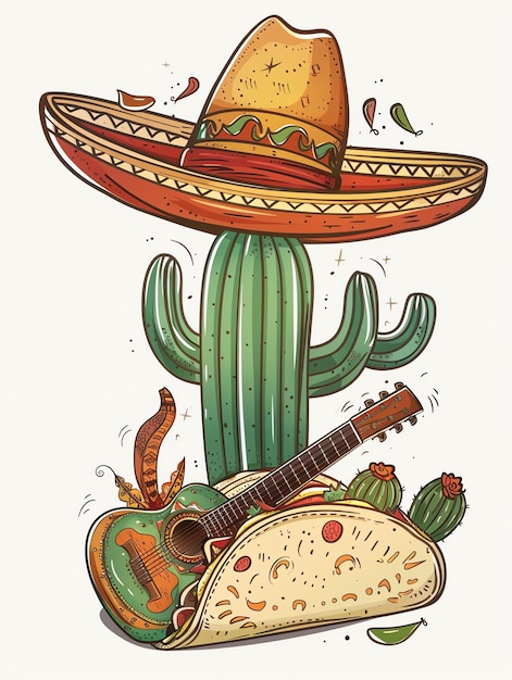 Foto chapéu mexicano cactus guitarra tacos ilustração tema