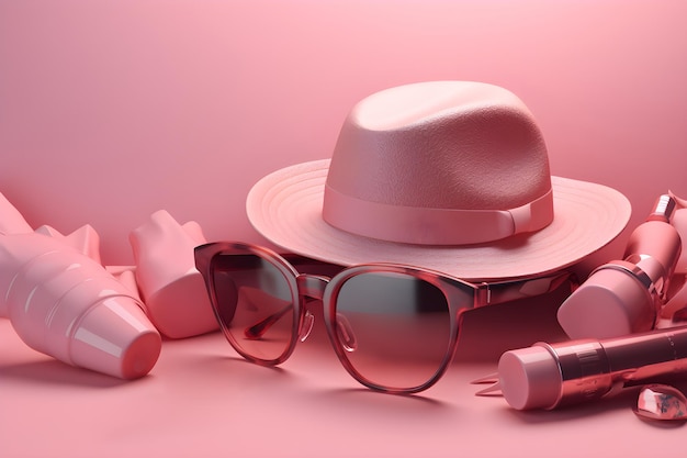 Chapéu rosa e óculos de sol em um fundo rosa