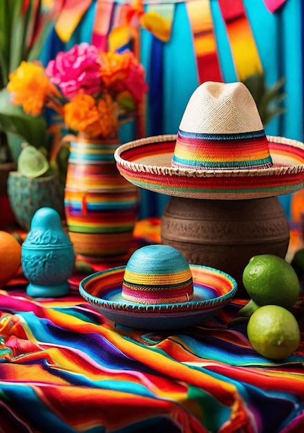 Chapéu sombrero mexicano e maracas em fundo colorido