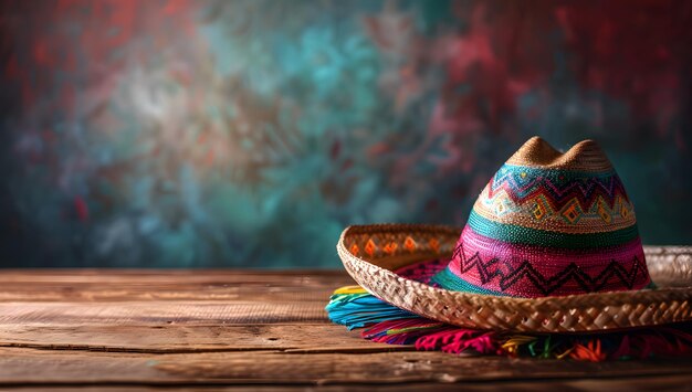 Foto chapéu sombrero mexicano em uma velha mesa de madeira com fundo colorido